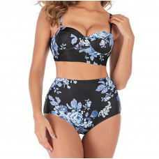 Купальник жіночий роздільний 2XL 50 чорний із рослинним принтом із високими плавками
