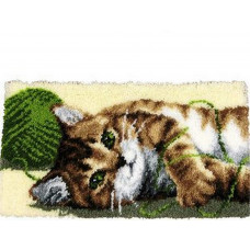 Набір для килимової вишивки килимок кошеня із зеленими нитками (основа-канва, нитки, гачок для килимової вишивки)