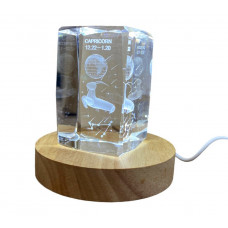 Нічник Кришталевий куб із гравіюванням Знак Зодіака Козеріг з LED-підставкою підсвіткою USB 5 В