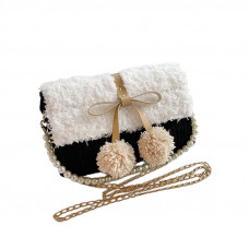 Канва з фурнітурою та пряжою набір для створення сумки своїми руками чорна з білим з помпонами Канва з фурнітурою та пряжою набір для створення сумки своїми руками чорна з білим з помпонами