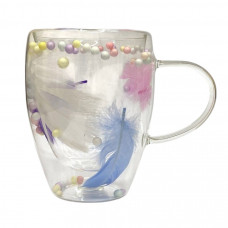 Чашка з подвійним дном прозора з пірям та намистинами 350мл