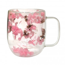 Чашка з подвійним дном прозора із сухоцвітами рожеві великі квіти 350мл