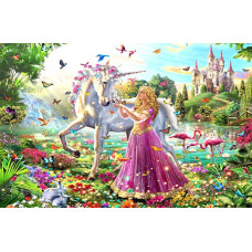 Алмазна мозаїка Єдиноріг з принцесою Пейзаж 45*60 см. Набір алмазної вишивки стразами за номерами. Картина