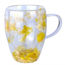 Чашка з подвійним дном жовт.+зелений+рожеві. квітками 350мл