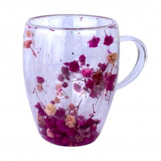 Чашка з подвійним дном жовт.+зелений+рожеві. квітками 350мл