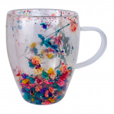 Чашка з подвійним дном жовт.+зелений+рожеві. квітками 350мл