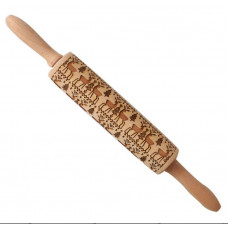 Деревяна скалка з різьбленим рельєфним малюнком для розкочування тіста. Візерунок олені з ялинкою