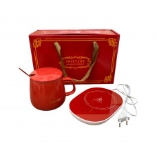 Кухоль керамічний із кришкою і підставкою з підігрівом + ложка подарунковий набір червоний