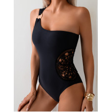 Купальник суцільний суцільний чорний з лямкою на одне плече та візерунком на талії XL 48