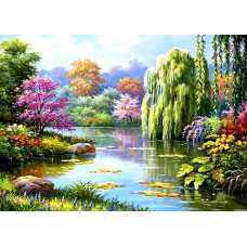 Алмазна мозаїка Краєвид дерев біля річки 25*35см круглі камені за номерами (розмір полотна 30*40 см)