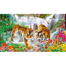 Набір для вишивання хрестиком пейзаж тигри біля водоспаду 90*60 см (розмір картини 78*46 см)