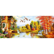 Набір для вишивання хрестом пейзаж осінь озеро будиночок лебеді 150*65 см (розмір картини 140*52 см)