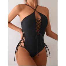 Купальник суцільний суцільний чорний зі шнурівкою з боків і спереду М 44