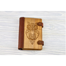 Блокнот Сова из натурального дерева и натуральной кожи с застежкой магнит