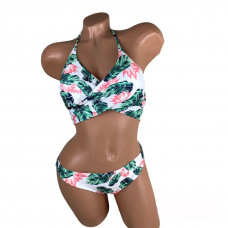 Купальник білий із зеленим листям завязки під грудьми М жіночий роздільний стильний гарний