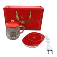 Кухоль скляний із кришкою і підставкою з підігрівом + ложка подарунковий набір червоний usb