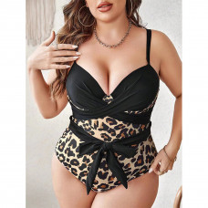Купальник жіночий суцільний леопард чорний ліф із поясом 4XL 54 великий розмір