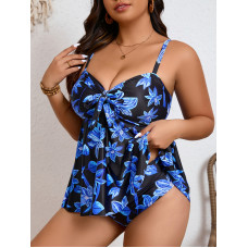 Купальник-сукня жіноча танкіні чорний із синіми квітами 5XL 56 великий розмір