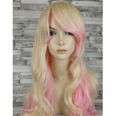 Перука блонд з рожевим довга хвиляста з довгим чубчиком жіноча для жінок 70см зі штучного волосся