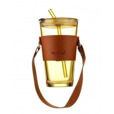 Стакан зі скляною трубочкою та кришкою скляний зі вставкою зі шкірозамінника з ручкою для перенесення 450 мл