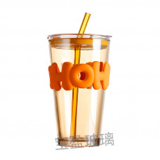 Стакан зі скляною трубочкою і кришкою скляний бежевий з жовтогарячим написом 450 мл