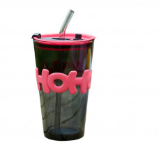 Стакан зі скляною трубочкою та кришкою скляний сірий із рожевим написом 450 мл