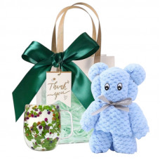 Подарунковий набір — Чашка з подвійним дном із сухоцвітами + рушник у формі ведмедя + подарунковий пакет