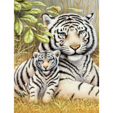 Алмазна мозаїка квадратним камінням Тигриця і тинренок білі 30*40 см (розмір полотна 34.5*44 см) у коробці 35*8*8см