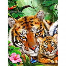 Алмазна мозаїка квадратним камінням Тигриця з тигреням 30*40 см (розмір полотна 34.5*44 см) у коробці 35*8*8см