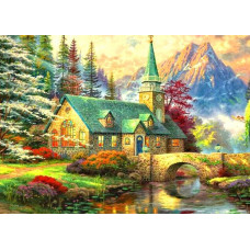 Алмазна мозаїка квадратним камінням Будинок із шпелем біля річки 40*30см (розмір полотна 44,5*34 см)
