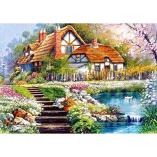 Алмазна мозаїка Будинок біля ставка 43,5*34см квадратні камені за номерами (розмір полотна 50*40 см)