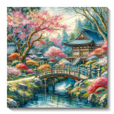 Діамантова мозаїка квадратним камінням Будинок у китайському стилі біля річки 34*34см (розмір полотна 40*40 см)