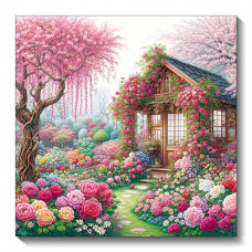 Діамантова мозаїка квадратним камінням Дім з трояндами біля входу 34*34см (розмір полотна 40*40 см)