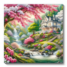 Діамантова мозаїка квадратним камінням Будинок біля водоспаду 34*34см (розмір полотна 40*40 см)