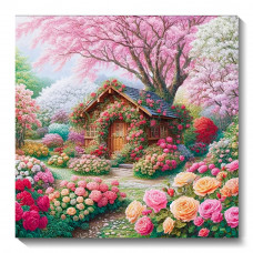 Діамантова мозаїка квадратним камінням Будинок у квітучому саду 34*34см (розмір полотна 40*40см)