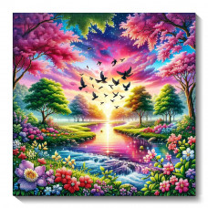 Діамантова мозаїка квадратним камінням Птахи над річкою летять 34*34см (розмір полотна 40*40см)