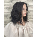 Перука чорна хвиляста з проділом імітація шкіри подовжене каре