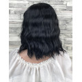 Перука чорна хвиляста з проділом імітація шкіри подовжене каре