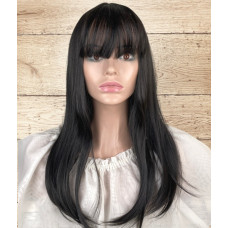Перука жіноча середньої довжини чорна рівна з чубчиком і проділом 55 см